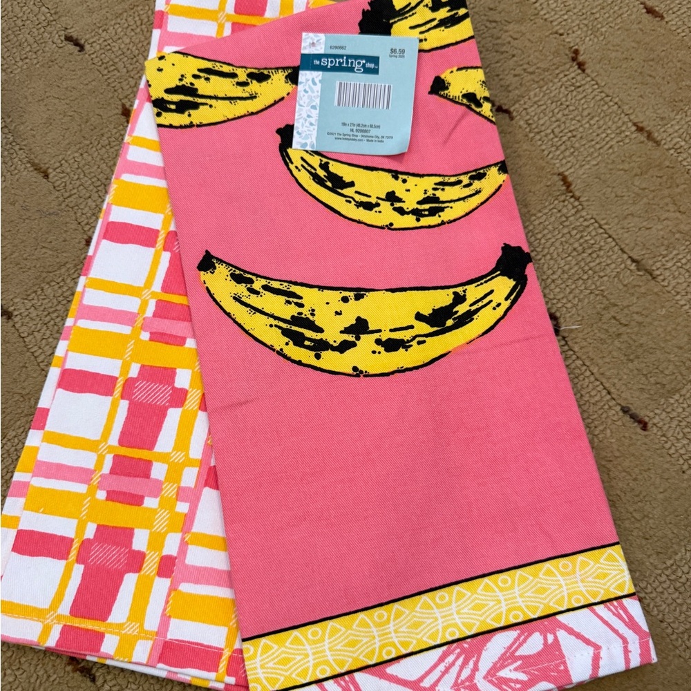 Two Sets Pink & Yellow BANANA Print Kitchen Towel Sets (4 towels total)